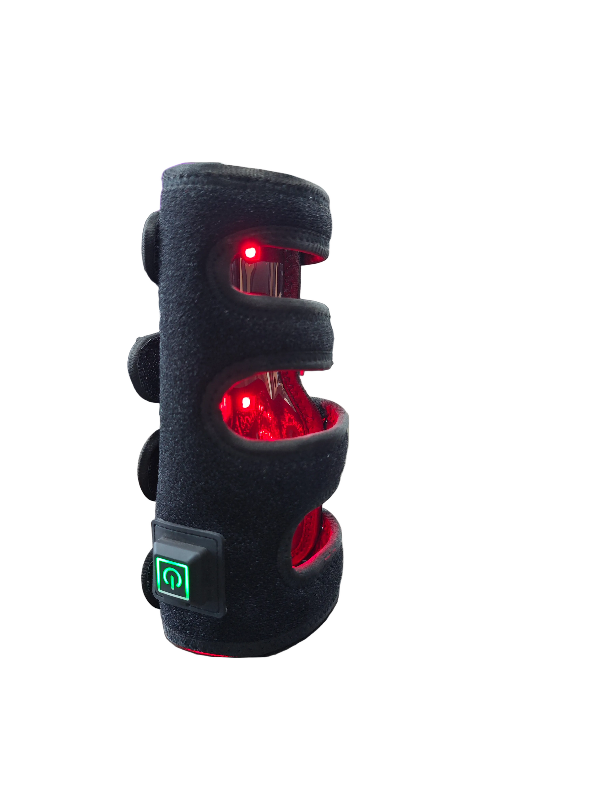A black red light wrap sleeve with three horizontal fasteners, featuring glowing red internal lights and a green power switch on the front, isolated on a white background.