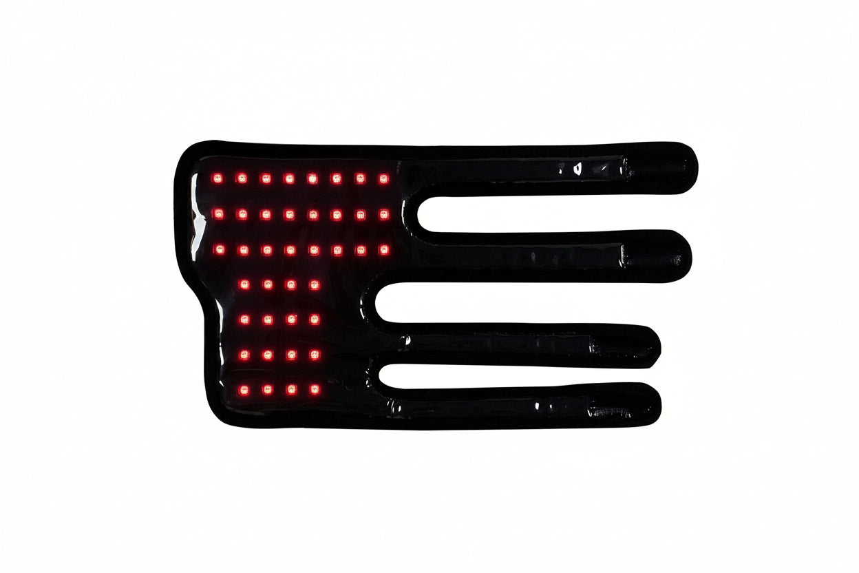 Black LED leg wrap for your pet with red lights turned on a white background